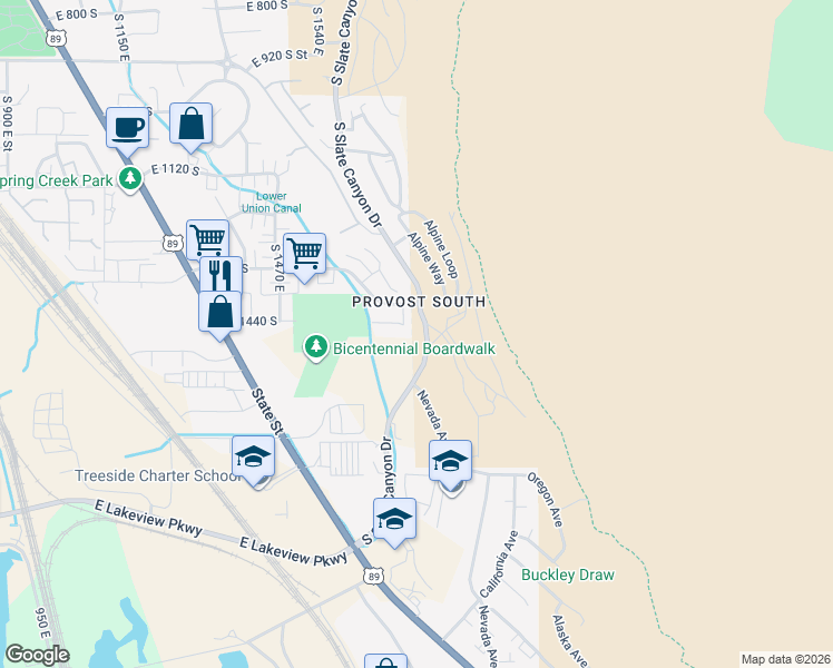map of restaurants, bars, coffee shops, grocery stores, and more near 1477 South 1710 East in Provo