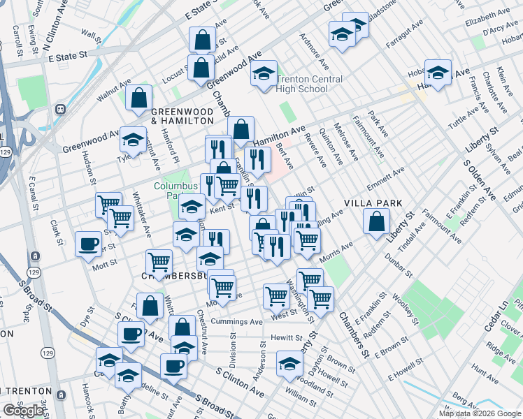 map of restaurants, bars, coffee shops, grocery stores, and more near 158 Washington Street in Trenton