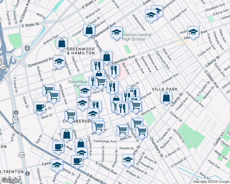 map of restaurants, bars, coffee shops, grocery stores, and more near 158 Washington Street in Trenton