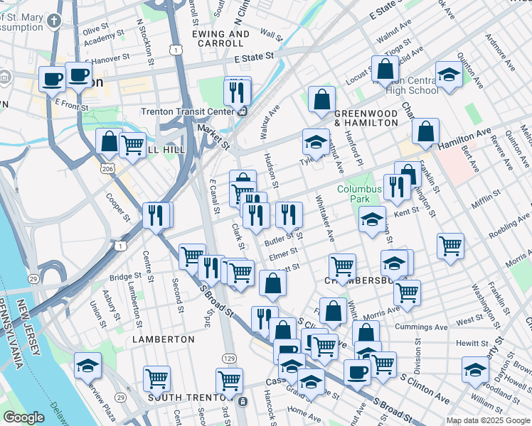 map of restaurants, bars, coffee shops, grocery stores, and more near 38 Bayard Street in Trenton