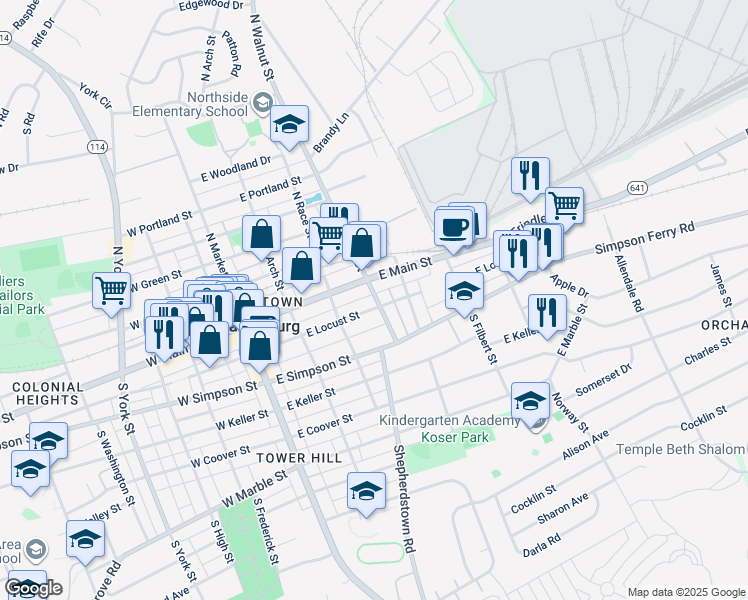 map of restaurants, bars, coffee shops, grocery stores, and more near 232 East Locust Street in Mechanicsburg