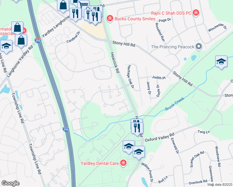 map of restaurants, bars, coffee shops, grocery stores, and more near 1633 Covington Road in Yardley