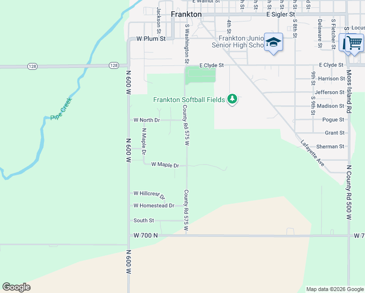 map of restaurants, bars, coffee shops, grocery stores, and more near 7342 County Road 575 West in Frankton