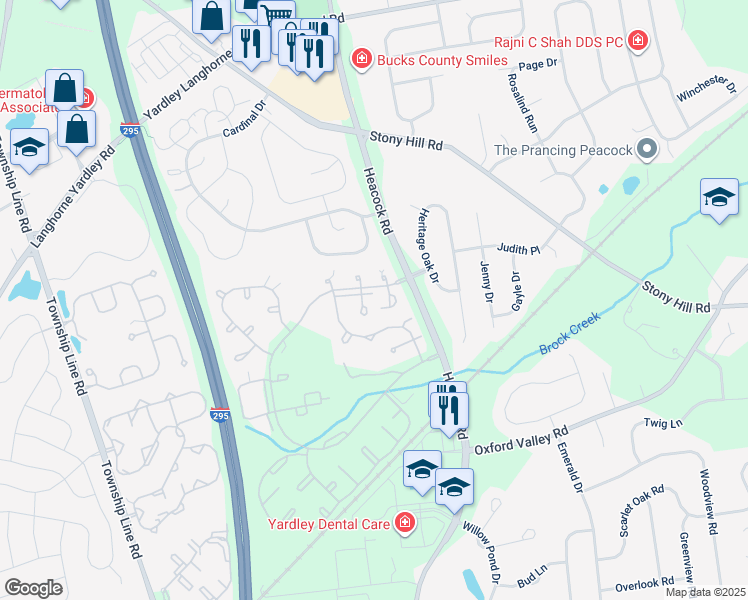 map of restaurants, bars, coffee shops, grocery stores, and more near 1639 Covington Road in Yardley