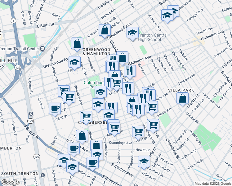 map of restaurants, bars, coffee shops, grocery stores, and more near 128 Anderson Street in Trenton
