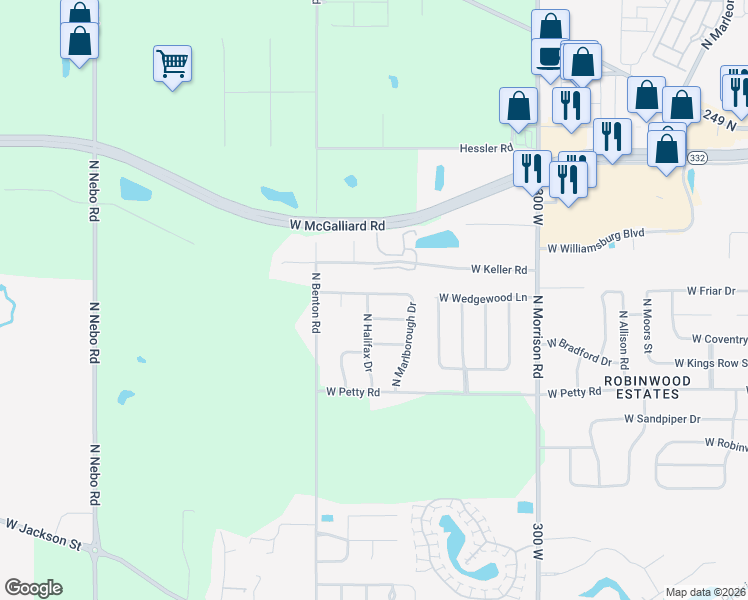 map of restaurants, bars, coffee shops, grocery stores, and more near 5408 West Blair Drive in Muncie