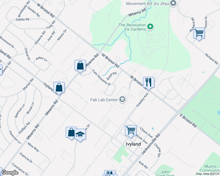 map of restaurants, bars, coffee shops, grocery stores, and more near 1200 Creekwood Drive in Warminster