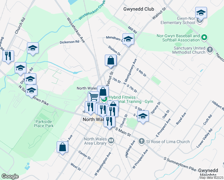 map of restaurants, bars, coffee shops, grocery stores, and more near 115 South 6th Street in North Wales