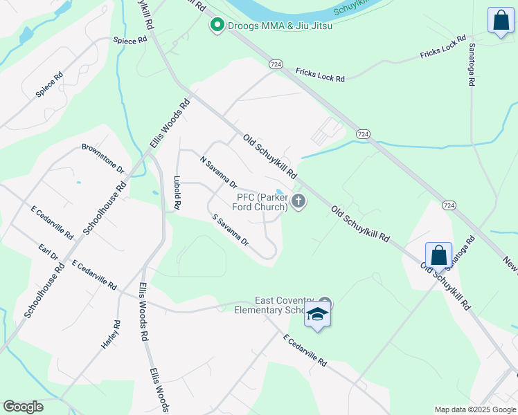 map of restaurants, bars, coffee shops, grocery stores, and more near 97 North Savanna Drive in Pottstown