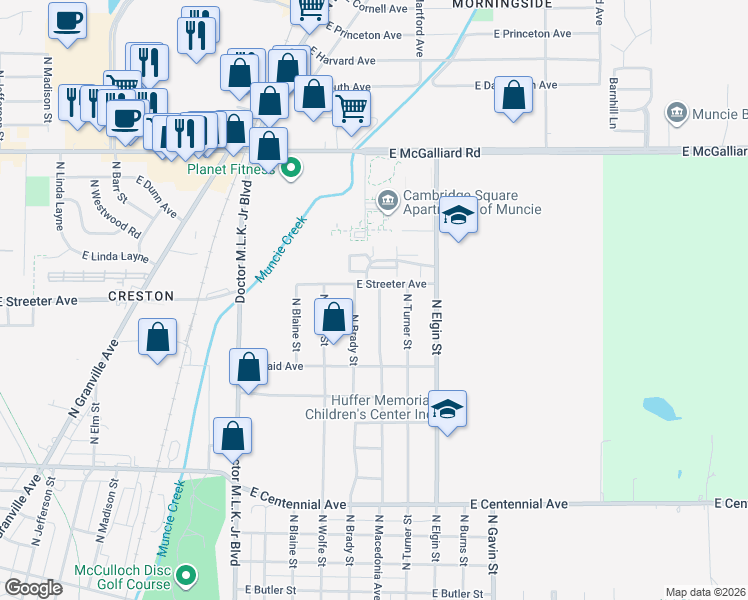 map of restaurants, bars, coffee shops, grocery stores, and more near 2413 North Macedonia Avenue in Muncie