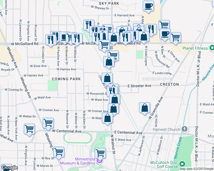 map of restaurants, bars, coffee shops, grocery stores, and more near 2501 North Walnut Street in Muncie