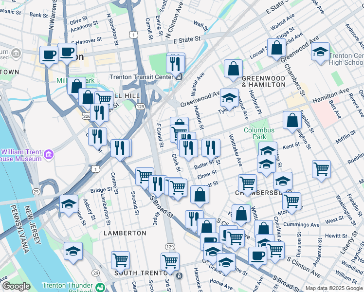 map of restaurants, bars, coffee shops, grocery stores, and more near South Clinton Avenue & Hamilton Avenue in Trenton