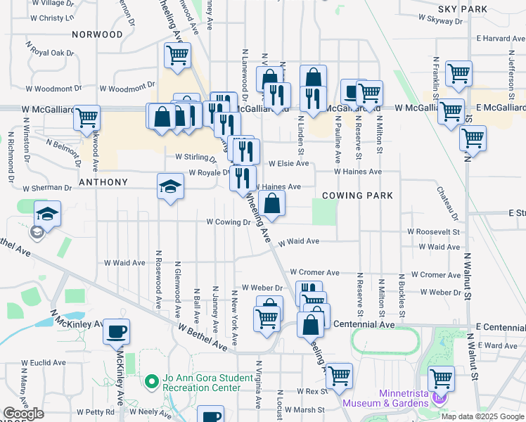 map of restaurants, bars, coffee shops, grocery stores, and more near in Muncie