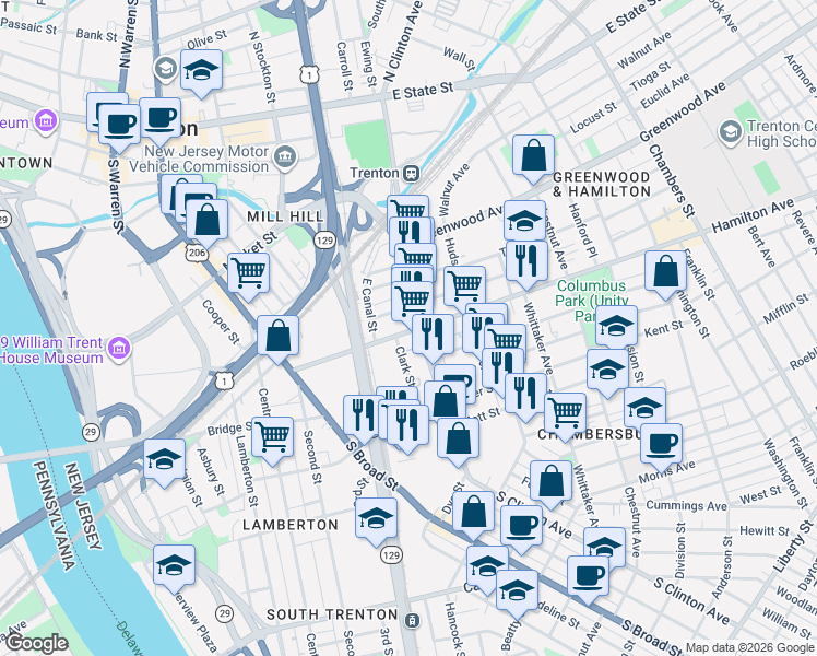 map of restaurants, bars, coffee shops, grocery stores, and more near 529 South Clinton Avenue in Trenton