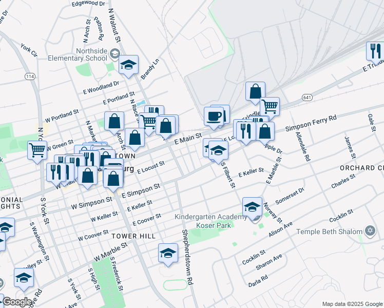 map of restaurants, bars, coffee shops, grocery stores, and more near 105 South Chestnut Street in Mechanicsburg