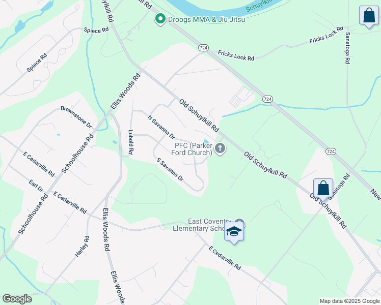 map of restaurants, bars, coffee shops, grocery stores, and more near 97 North Savanna Drive in Pottstown