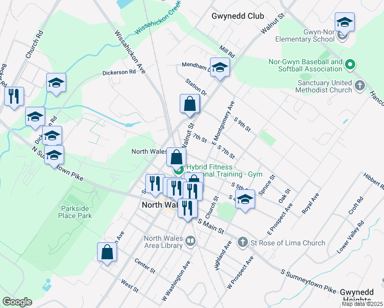 map of restaurants, bars, coffee shops, grocery stores, and more near 115 South 6th Street in North Wales