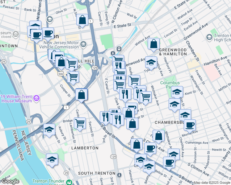 map of restaurants, bars, coffee shops, grocery stores, and more near 21 Clark Street in Trenton