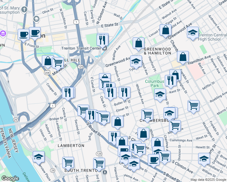 map of restaurants, bars, coffee shops, grocery stores, and more near 225 Hamilton Avenue in Trenton