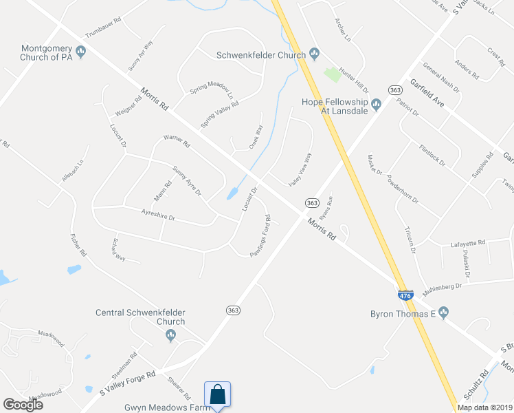 map of restaurants, bars, coffee shops, grocery stores, and more near 3048 Pawlings Ford Road in Lansdale