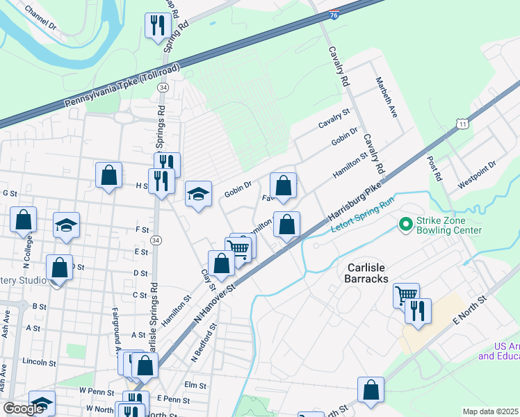 map of restaurants, bars, coffee shops, grocery stores, and more near 107 Media Road in Carlisle