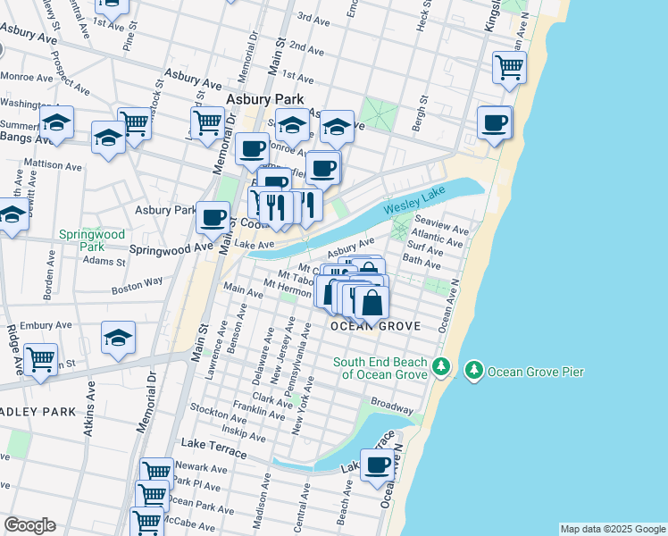 map of restaurants, bars, coffee shops, grocery stores, and more near 33 New York Avenue in Neptune Township