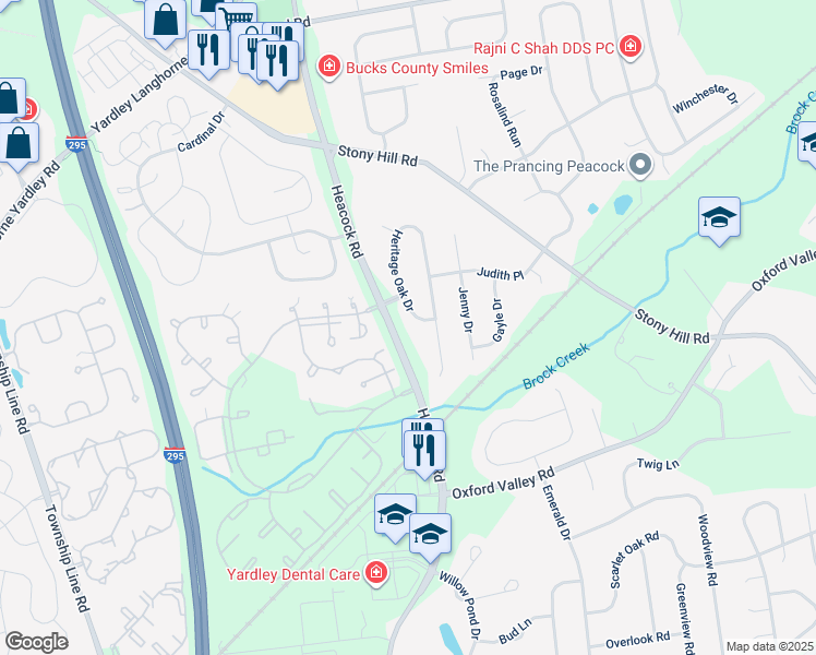 map of restaurants, bars, coffee shops, grocery stores, and more near 566 Heritage Oak Drive in Yardley
