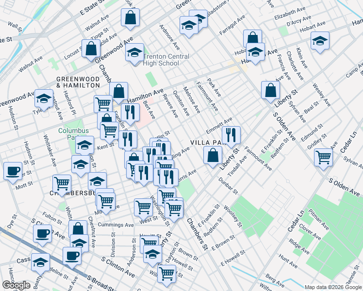 map of restaurants, bars, coffee shops, grocery stores, and more near 411 Columbus Avenue in Trenton