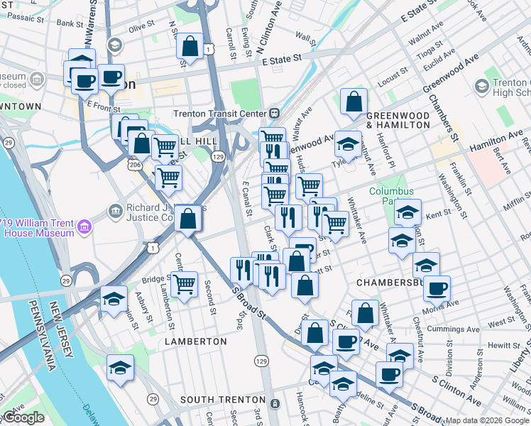map of restaurants, bars, coffee shops, grocery stores, and more near 21 Clark Street in Trenton