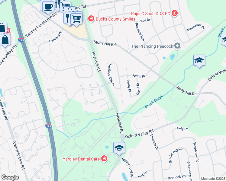 map of restaurants, bars, coffee shops, grocery stores, and more near 566 Heritage Oak Drive in Yardley