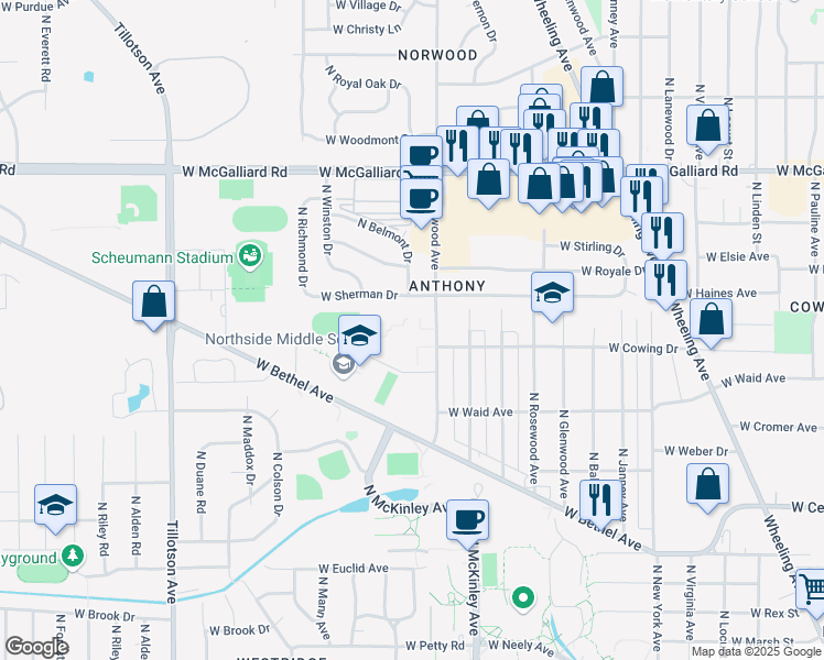 map of restaurants, bars, coffee shops, grocery stores, and more near 2501 North Oakwood Avenue in Muncie