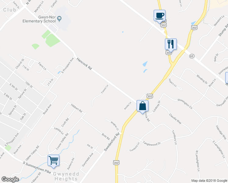 map of restaurants, bars, coffee shops, grocery stores, and more near 618 Hancock Road in North Wales