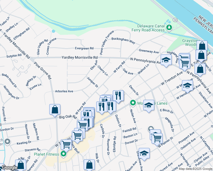 map of restaurants, bars, coffee shops, grocery stores, and more near 13 Wilfred Drive in Yardley