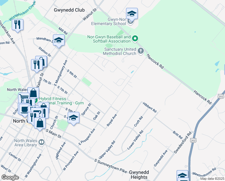 map of restaurants, bars, coffee shops, grocery stores, and more near 431 South 10th Street in North Wales