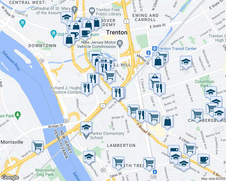 map of restaurants, bars, coffee shops, grocery stores, and more near 4 Greenwood Avenue in Trenton