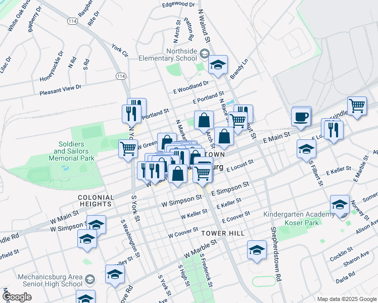 map of restaurants, bars, coffee shops, grocery stores, and more near 59 North Market Street in Mechanicsburg