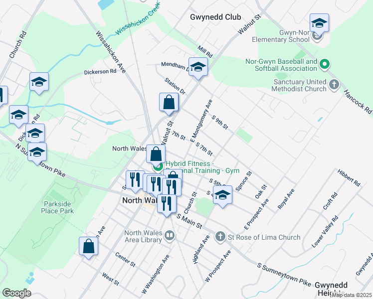 map of restaurants, bars, coffee shops, grocery stores, and more near 612 East Montgomery Avenue in North Wales