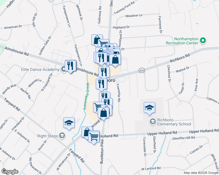 map of restaurants, bars, coffee shops, grocery stores, and more near in Richboro