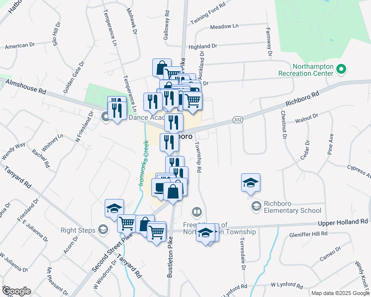 map of restaurants, bars, coffee shops, grocery stores, and more near 981 2nd Street Pike in Richboro