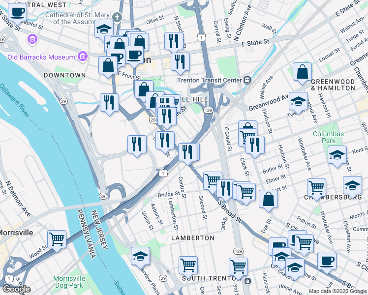 map of restaurants, bars, coffee shops, grocery stores, and more near 11-15 Greenwood Avenue in Trenton