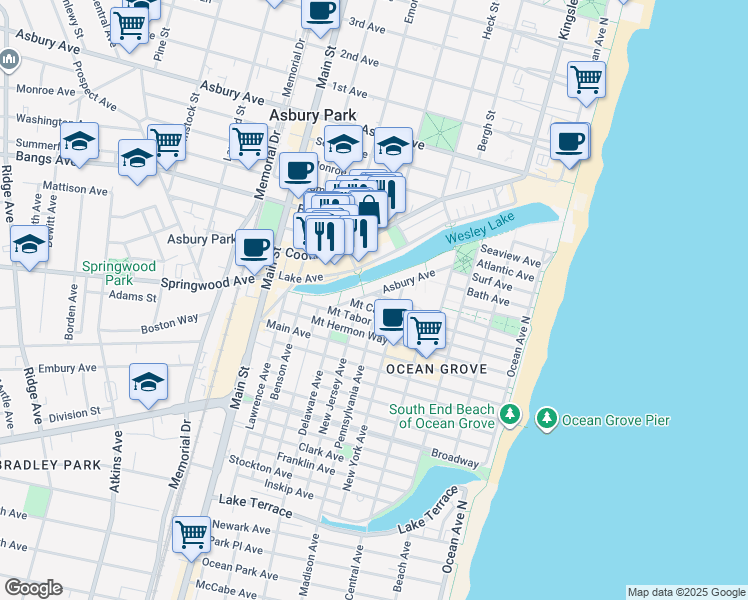 map of restaurants, bars, coffee shops, grocery stores, and more near 88 Lake Avenue in Neptune Township