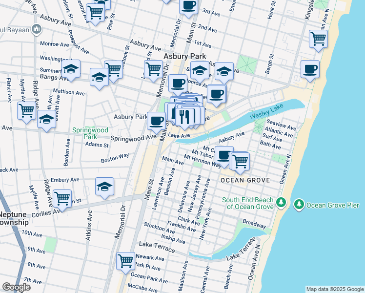 map of restaurants, bars, coffee shops, grocery stores, and more near 612 Cookman Avenue in Asbury Park