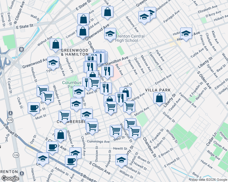 map of restaurants, bars, coffee shops, grocery stores, and more near 120 Franklin Street in Trenton