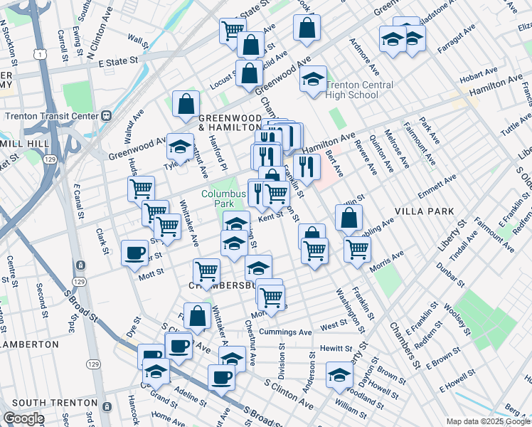 map of restaurants, bars, coffee shops, grocery stores, and more near 44 Conrad Street in Trenton