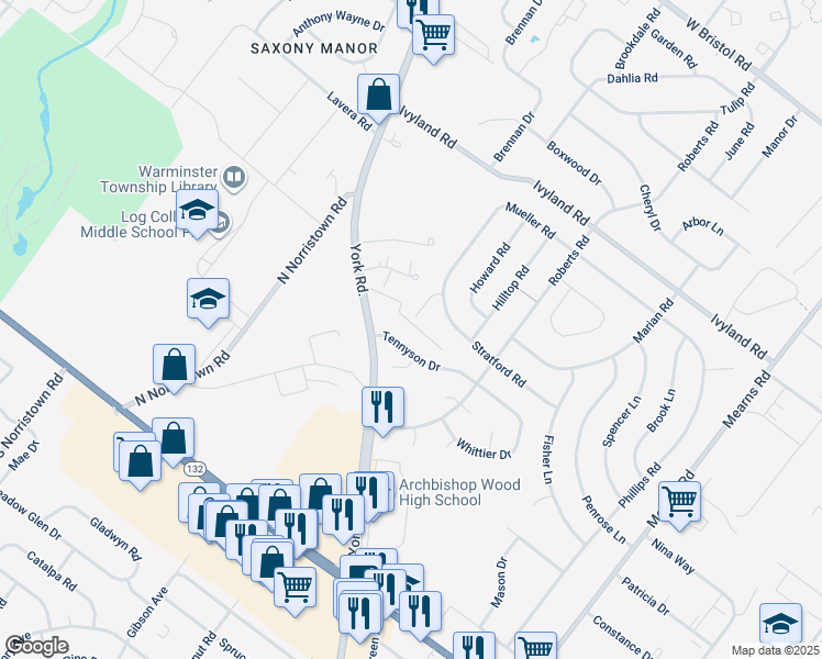 map of restaurants, bars, coffee shops, grocery stores, and more near 885 York Road in Warminster