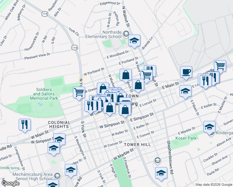 map of restaurants, bars, coffee shops, grocery stores, and more near 114 North Market Street in Mechanicsburg