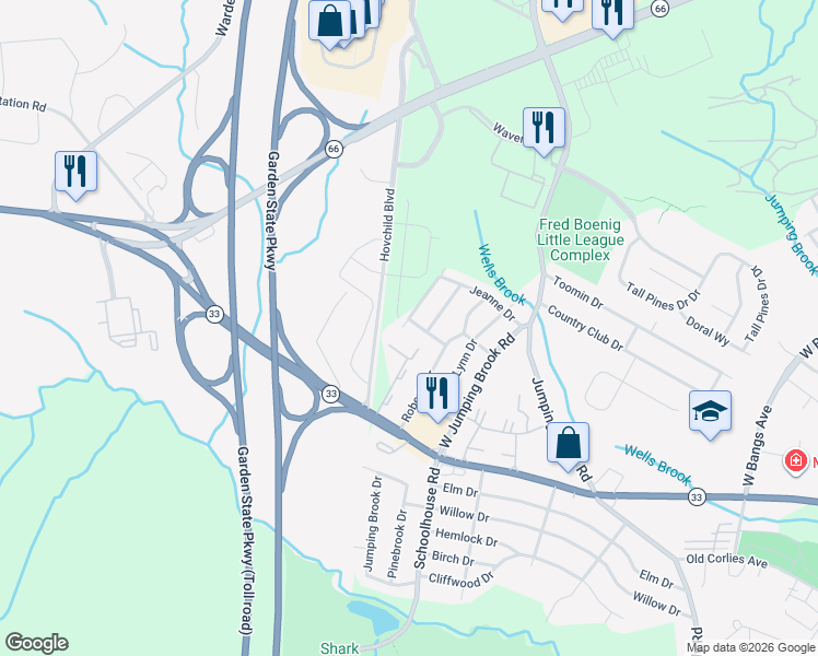 map of restaurants, bars, coffee shops, grocery stores, and more near 18 Oakcrest Drive in Tinton Falls
