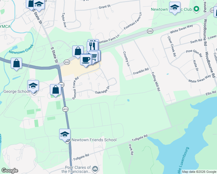map of restaurants, bars, coffee shops, grocery stores, and more near 227 Oakridge Drive in Langhorne