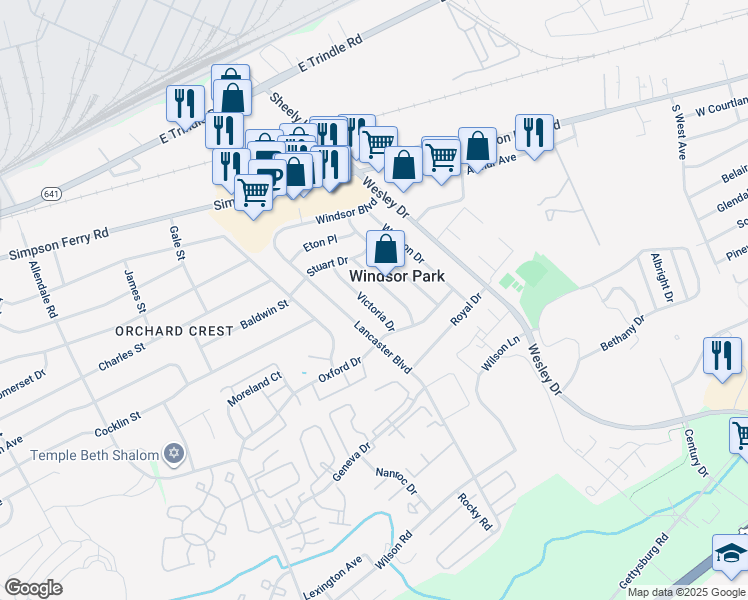 map of restaurants, bars, coffee shops, grocery stores, and more near 123 Victoria Drive in Mechanicsburg