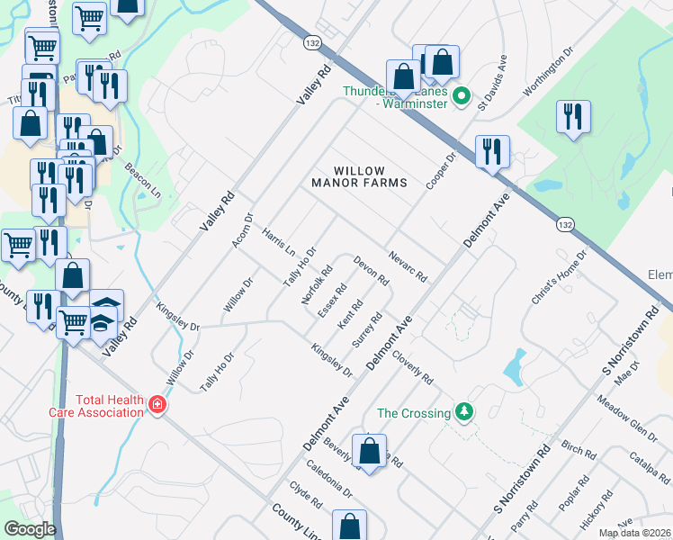 map of restaurants, bars, coffee shops, grocery stores, and more near 1459 Devon Road in Warminster